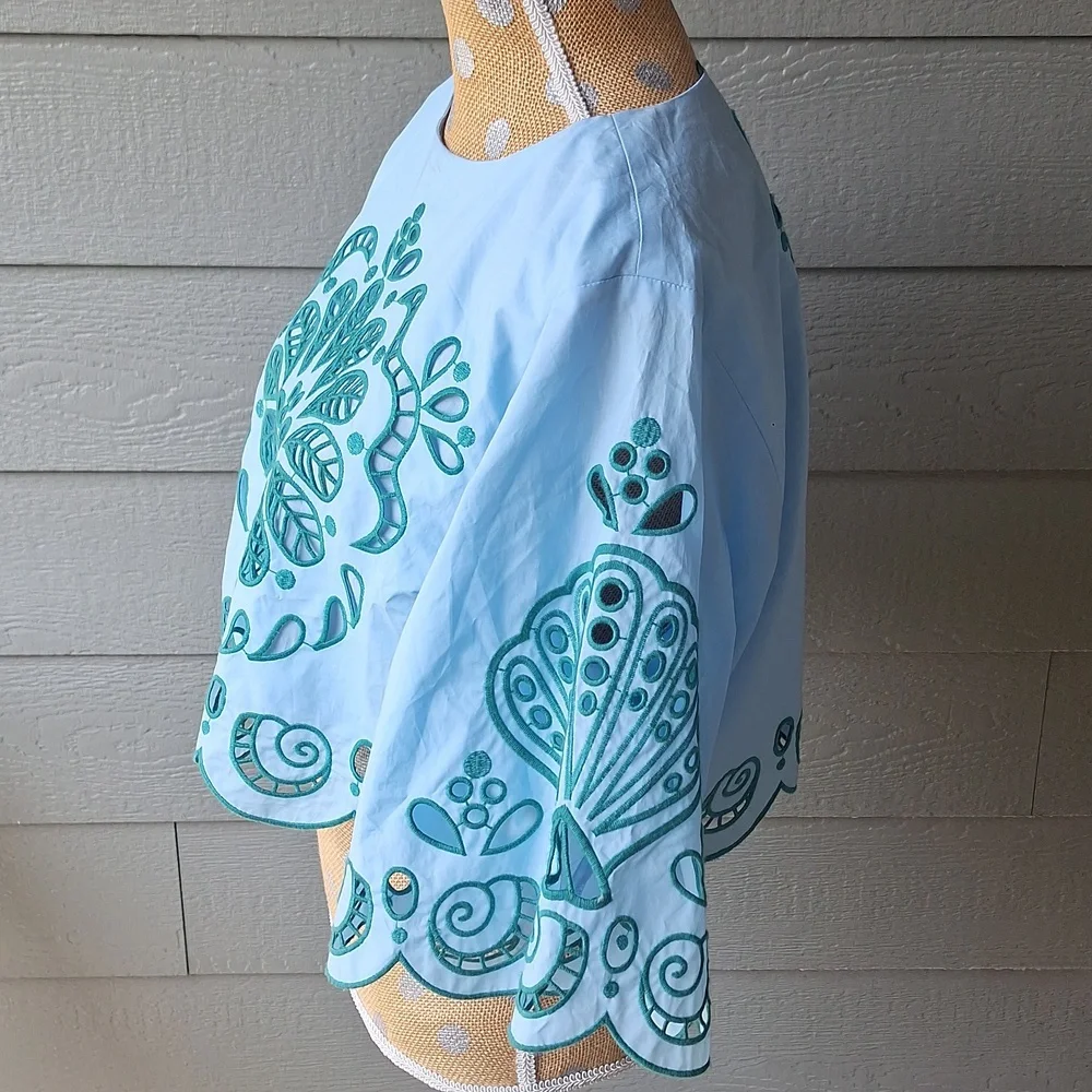 Farm Rio Richelieu Light Blue And Green Cropped Scalloped Hem Top Size XL Cotton - Picture 8 of 15